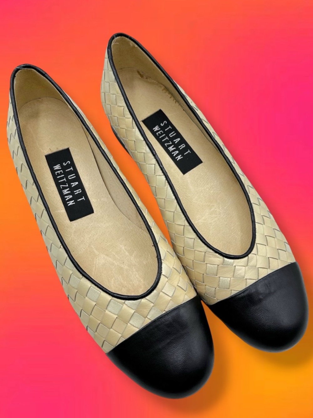 Stuart Weitzman Vintage Basket Woven Round Cap Toe Leather Classic Ballet Flats